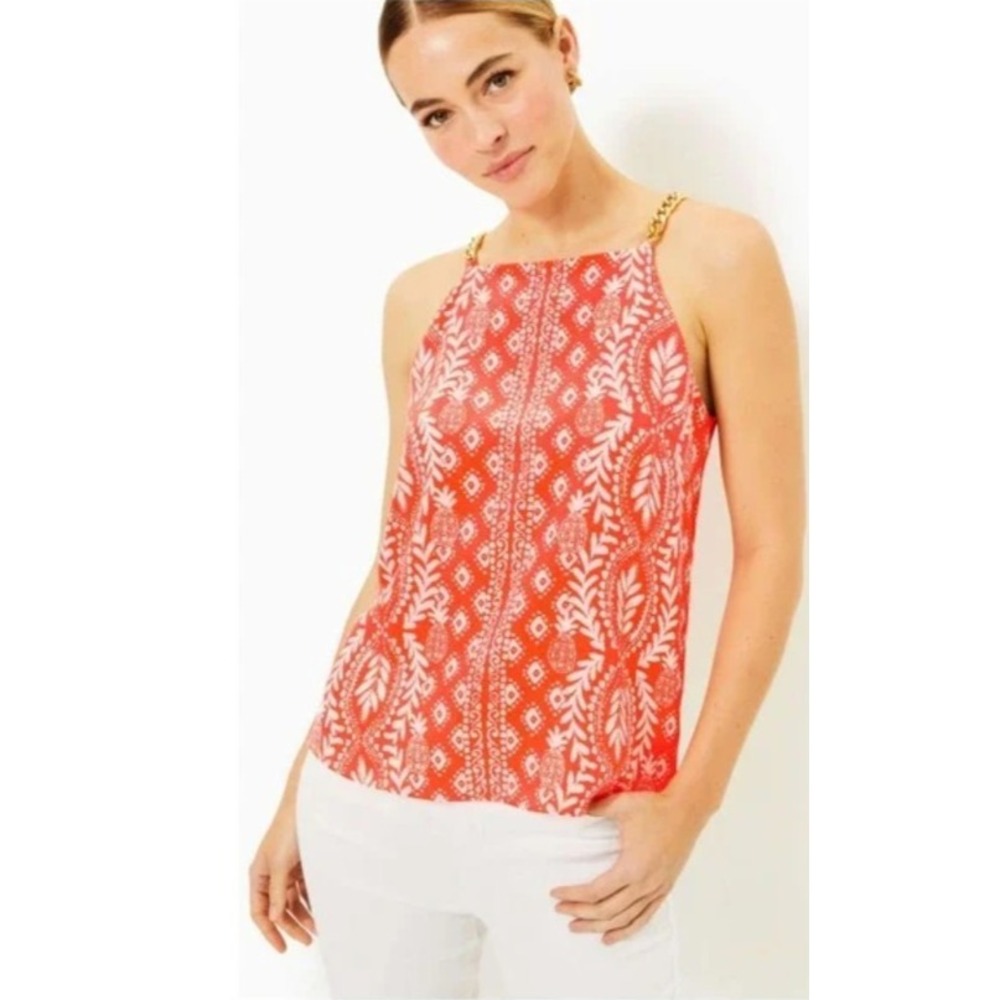 Lilly Pulitzer Joannah Silk Top Size 8 M Flamingo Feather‎ NWT Orange Gold Chain